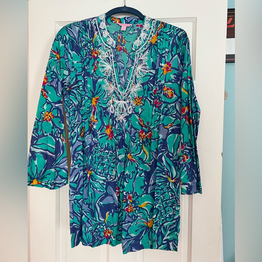 Lilly Pulitzer Sarasota Beaded Popover Tunic, Iris Blue Mai Tai, Small
